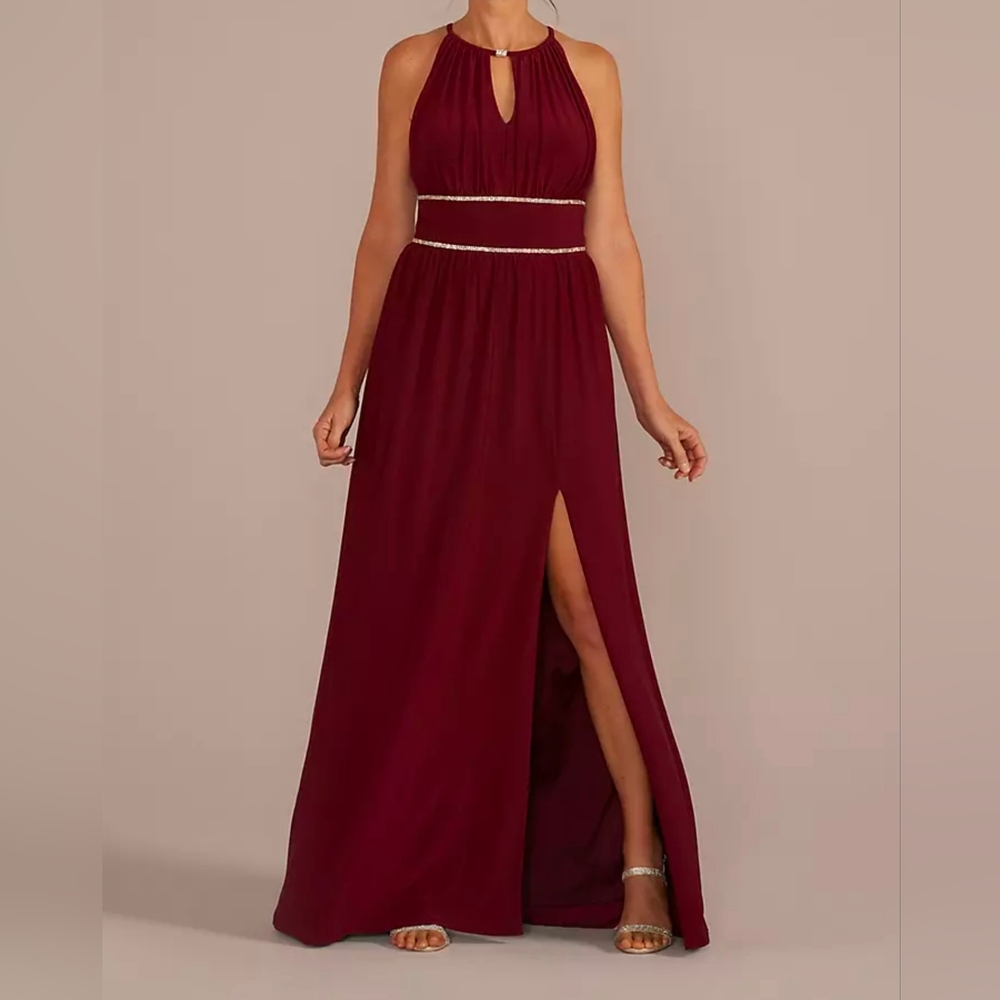 Elegant Halter Evening Gown with Slit and Rhinestone Waist
